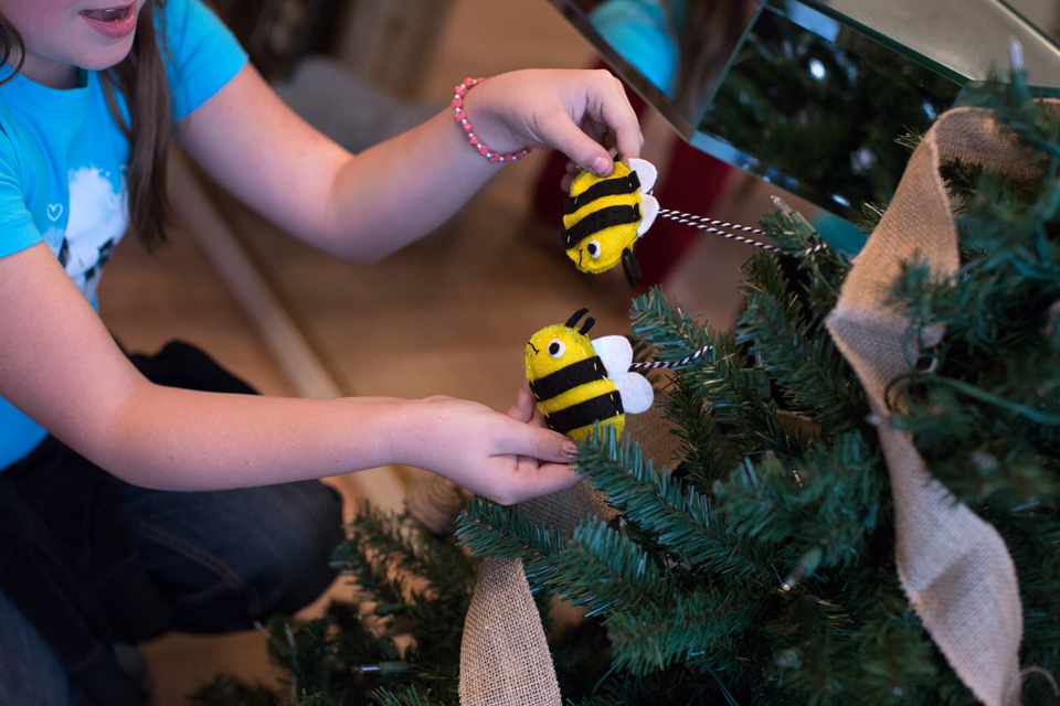 Bee ornaments named and ready for the tree